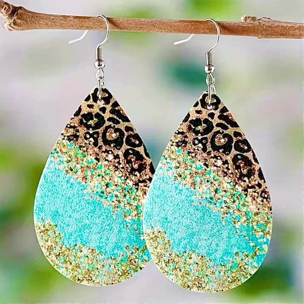 Leopard & Teal Teardrop Faux Leather Earrings NEW